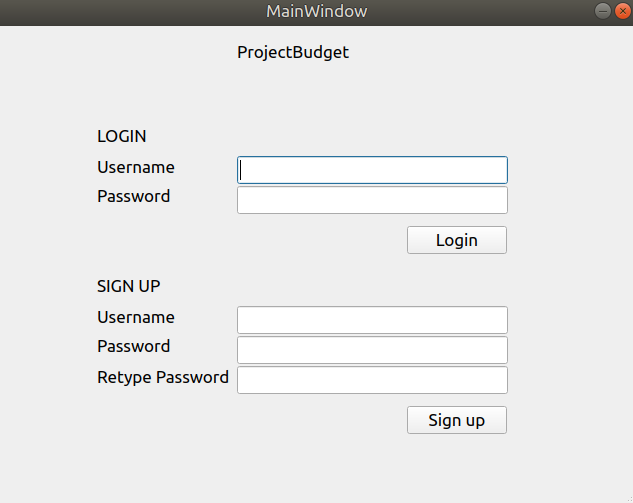 ProjectBudget login screen